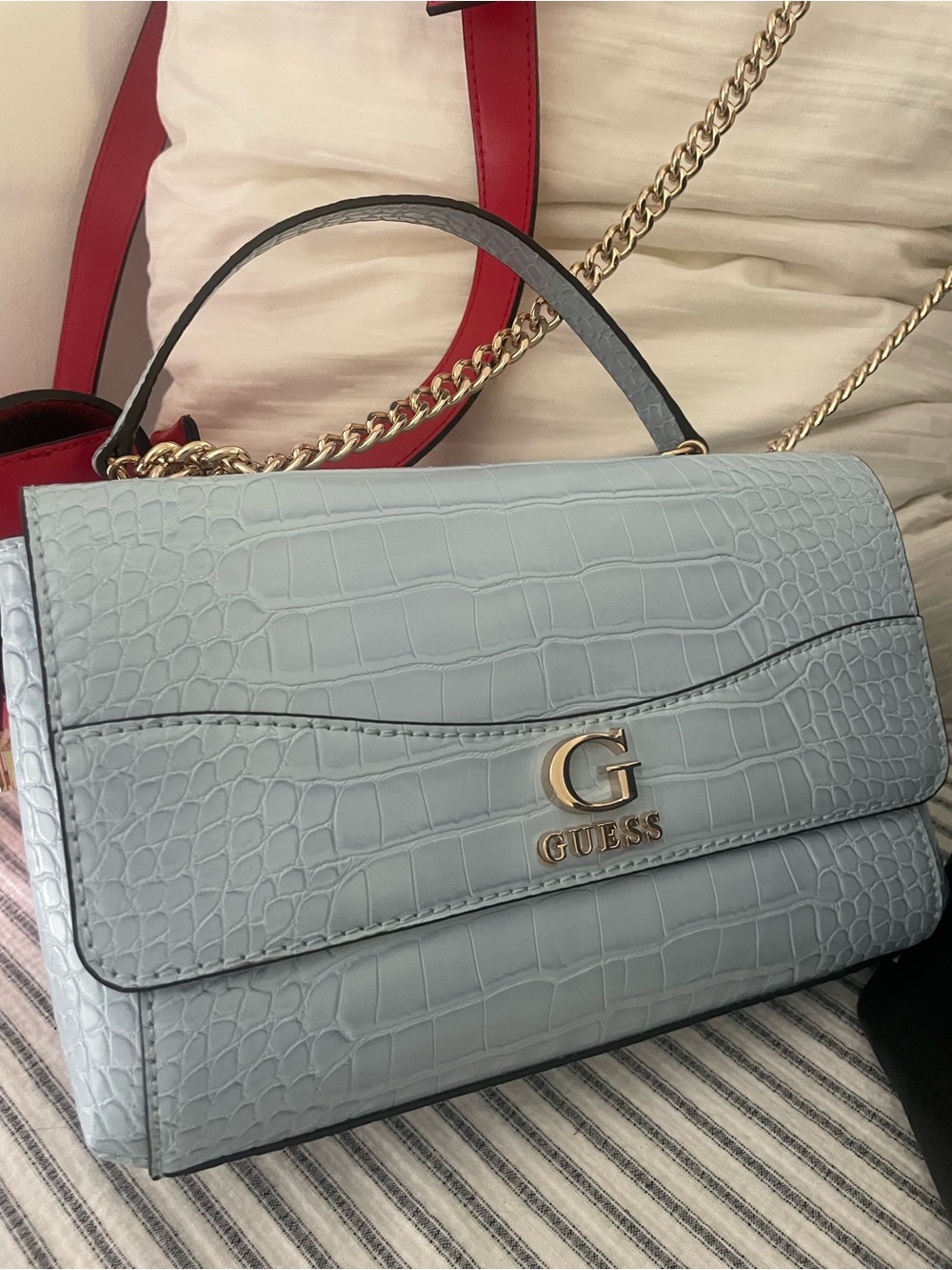GUESS Light Blue Croc-Embossed Top-Handle Satchel with Chain Strap